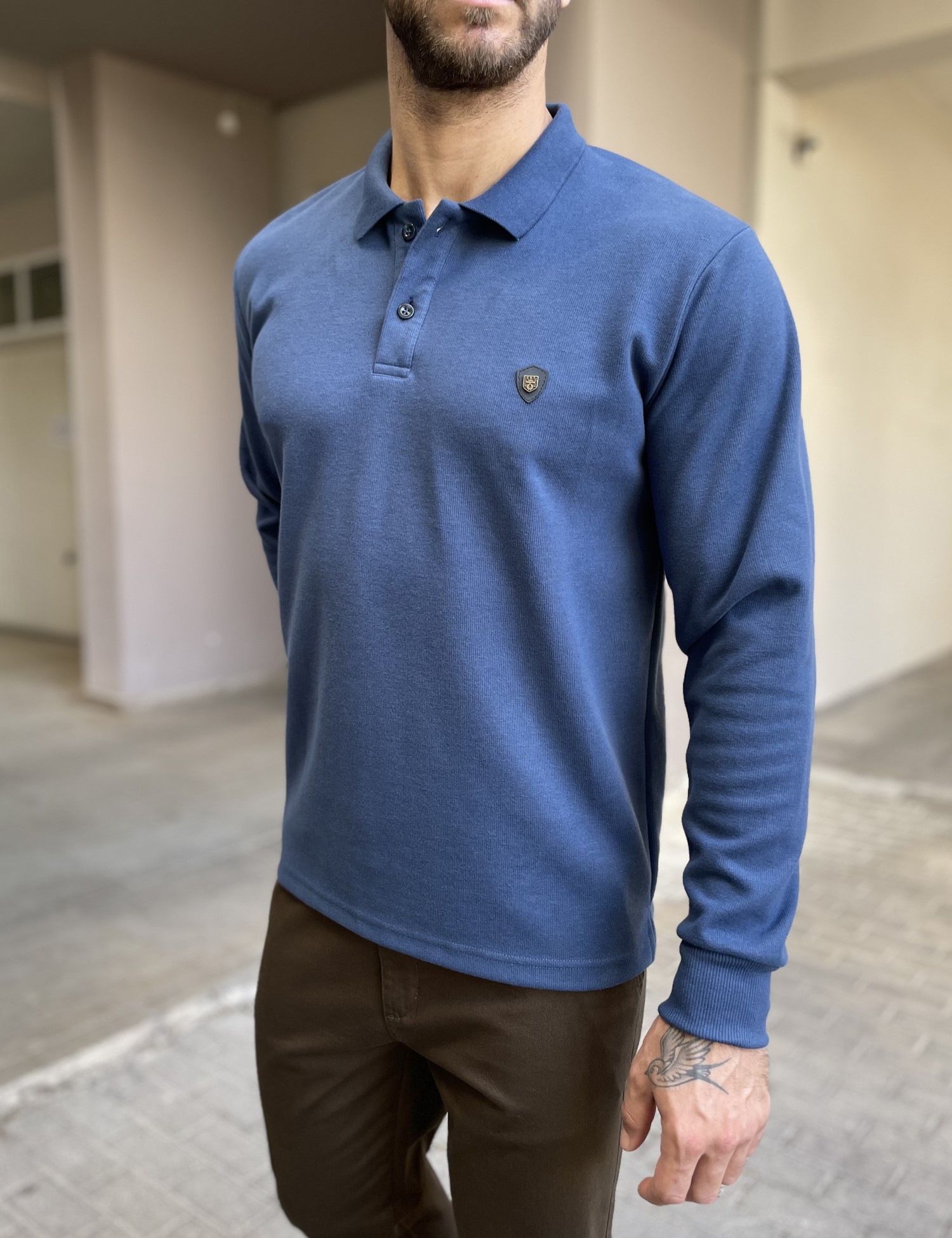 Everbest Ανδρική μπλε Indigo Polo μακρυμάνικη μπλούζα Plus size 261032I φωτογραφία